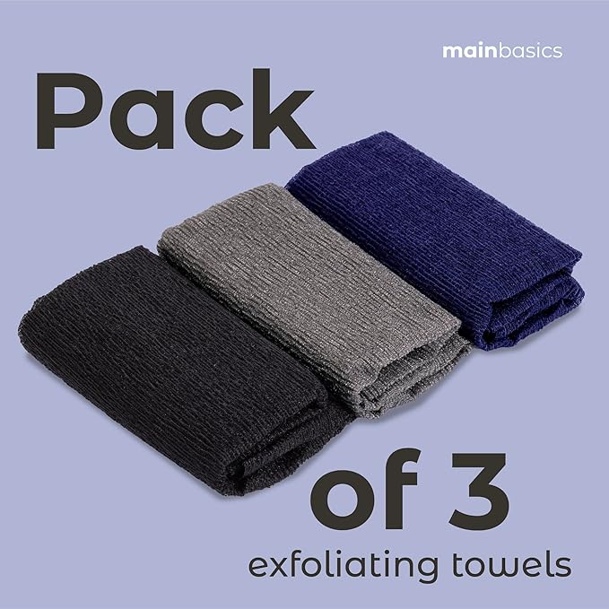 MainBasics Exfoliating Shower Towel - Japanese Nylon Bath Towel and Body Washcloth, Quick-Dry, Durable, Deep Exfoliation (Set of 3, Black Ice)