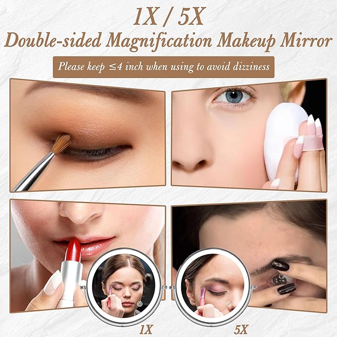 Ysenchan Lighted Makeup Mirror, 8'' Rechargable LED Vanity Magnifying Mirror, Double Sided 5X Manification Mirror with Stand, Cosmetic Standing Desk Mirror