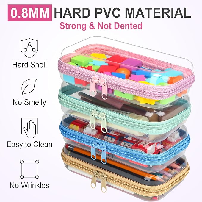 Hoolerry 4 Pcs Hard Clear Zipper Case Makeup Bags Plastic Pencil Pouch Transparent Storage Box Containers for Cosmetics, Snacks, Building Blocks, Puzzles(Soft Colors,7.5 x 3.9 x 2 in)