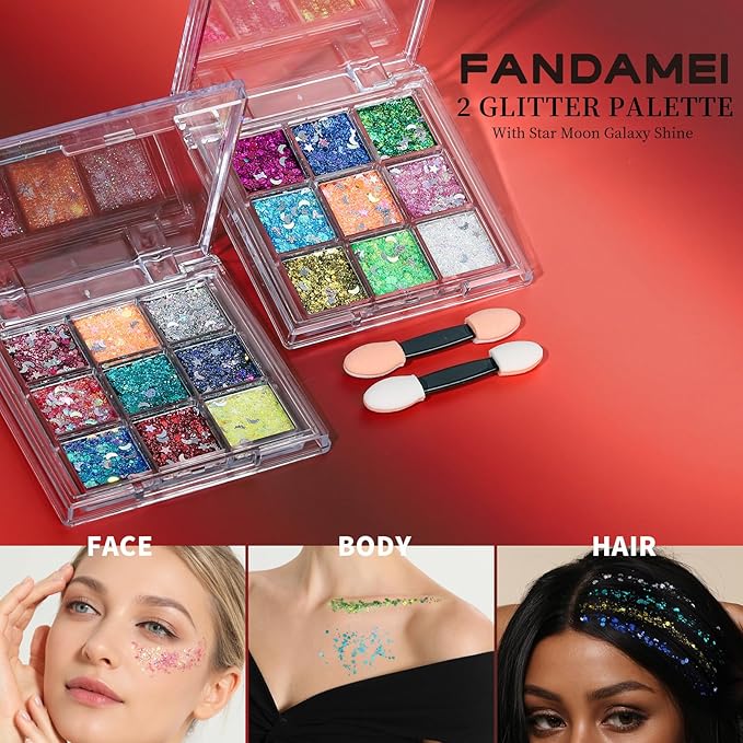 FANDAMEI Star&Moon Face Glitter, Body Glitter Hair Glitter for Glitter Makeup, 2 PCS Glitter Gel 18 Grids for Body&Hair for Kids Women, Halloween Rave Party Face Paint
