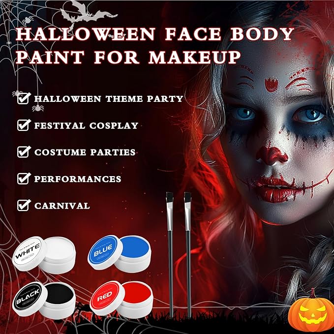 Halloween Clown Makeup Kit: Red White Black Blue Face Body Paint Kit - Pro Oil Based Halloween Face Body Paint for Adults Kids - Clown Movie Cosplay SFX Halloween Makeup Painting Set