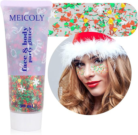 Christmas Makeup,MEICOLY Christmas Face Body Glitter Gel,Christmas Stocking Stuffers Gift Decorations,Festival Hair Glitter for Women Kids Girls,Chunky Sparkling Sequins Glitter Face Paint