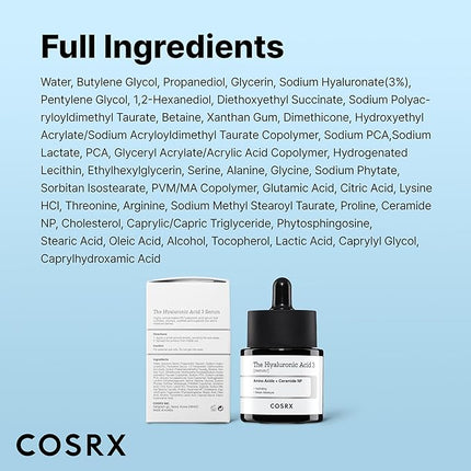 COSRX Pure Sodium Hyaluronic Acid 3% Serum, Hydratying & Moisture Boosting for Fine Lines & Wrinkles, Repair Dry Skin, 0.67fl.oz/20ml, No Artificial Fragrance, Korean Skin Care