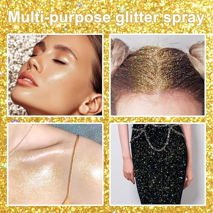Hair and Body Glitter Spray, 1PC Hair Glitter Extra Fine Face Shimmer Powder for Clothes, Festival Loose Sparkle Powder for Rave Clothes Nail Art Easter Halloween Crafts (Sparkling Gold)