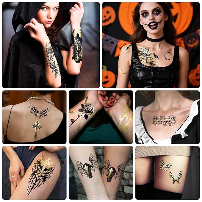42 Sheets Gothic Temporary Tattoo, 12 Sheets Metallic Skull Cat Snake Spider Crow Half Arm Scary Fake Tattoos for Adults Men Women, 30 Sheets Small Tattoos Stickers for Party Supplies