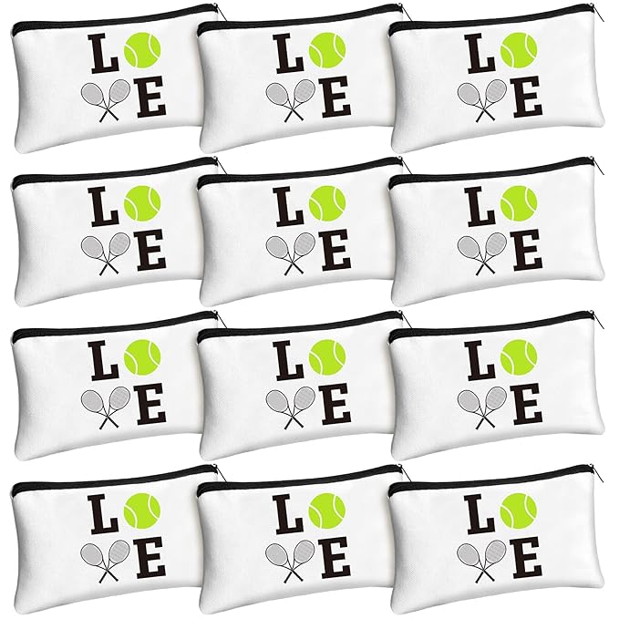Moukeren 12 Pieces Tennis Makeup Bag Cosmetic Bag Travel Portable Storage Toiletry Case Accessories with Zippers Tennis Gifts for Lovers Players Teams Women Girls(White)