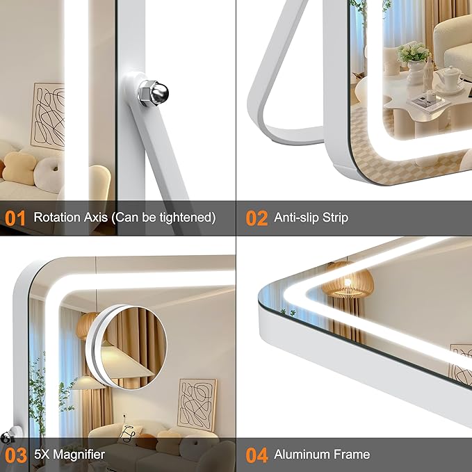 Hasipu Vanity Mirror with Lights, 16" x 12" LED Makeup Mirror, 3 Modes Light, Smart Touch Control Dimmable, 360°Rotation, Rectangle White Frame, with 5X Magnifying Glass