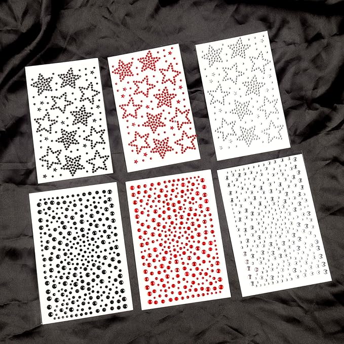 Halloween Face Gems 6 Sheets Hair Gems, Self Adhesive Face Jewels Stickers, Red Black Round Star Festival Face Gems Stick on, Halloween Rhinestone for Face, Eye, Makeup, Rave Accessories for Women