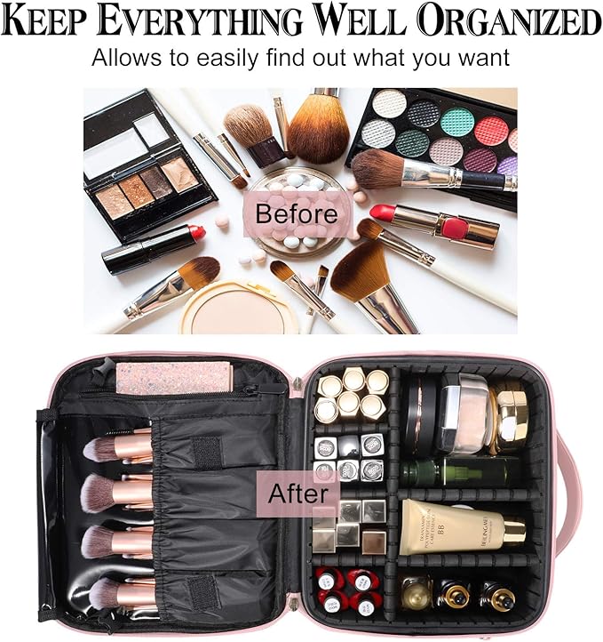 Travel Makeup Bag Organizer, 10.2 Inches Portable Makeup Train Case Cosmetic Brush Artist Storage Bag with Adjustable Dividers and Shoulder Strap (Pink)