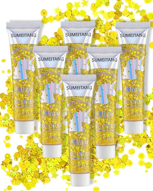 6PCS Gold Face Body Glitter Gel，Holographic Chunky Sequins Body Glitter Paint for Party Singer Concerts Music Festival Rave Accessories for Girls Women Face Body DIY Sparkling Makeup