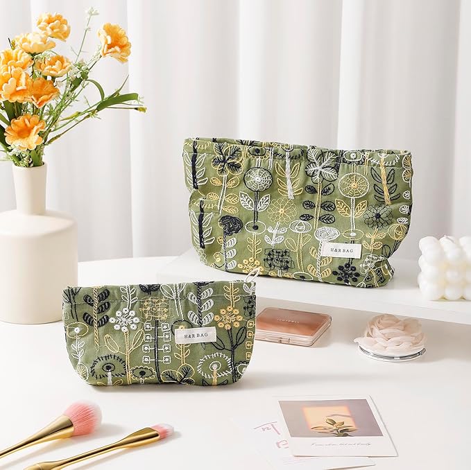 2 Pcs Makeup Bags, Large Cosmetic Bag Travel Toiletry Bag Organizer for Women, Embroidery Craft,Makeup Bag Small Cosmetic Pouch Purse with Zipper Gifts for Girls Teen
