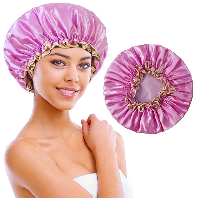 Shower Cap Reusable Waterproof, Large Shower Cap for Women, Shower Caps for Braids Long Hair, Double Layer Satin Plastic Hair Cap for Shower