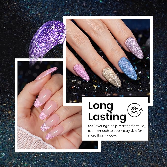 Beetles Reflective Glitter Halloween Gel Nail Polish Kit 6 Colors Holographic Gel Polish Sparkle Flash Dimond Sliver Gold Soak Off UV LED Manicure Gift for Women Girls Midnight Sparkling