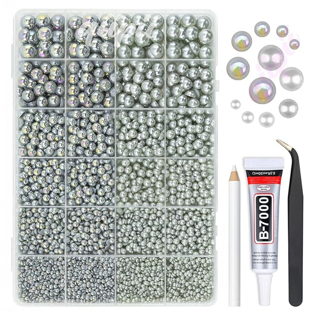 qiipii 2 Styles Solid Light Gray+ Grey AB Flatback Pearls for Bedazzling Crafting 3-10mm Half Pearls Round Beads Gems Bedazzler Kit for Nails Face Eyes Makeup Tumblers Bottles DIY Crafts Shoes﻿ Phones