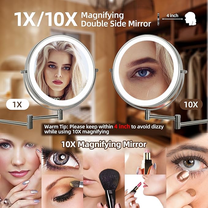 8" Wall Mounted Lighted Makeup Mirror with Magnification, 1X/10X Magnifying Mirror with Light, 3 Color Lights, Extendable Double Sided 360° Swivel Bathroom Mirror Type-C Rechargeable (Silver)