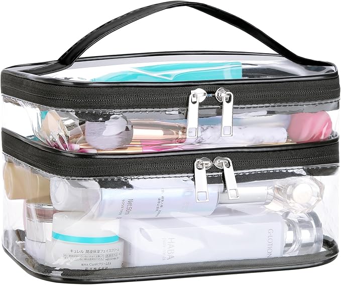 HAOGUAGUA Double Layer Clear Cosmetic Bag Makeup Bag, Waterproof Travel Toiletry Bag, Transparent PVC Pouch Organizer (Black-large)