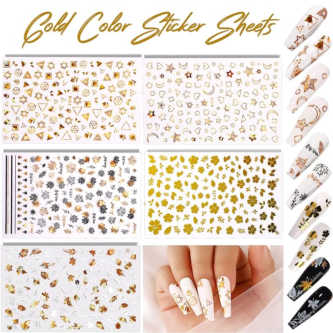 Teenitor 12 Sheets Nail Art Sticker 3D Self-Adhesive, Nail Art Decoration with 5 Boxes Holographic Nail Art Glitter Flakes Butterfly Heart Star Maple Leaf Nail Sequins and Nail Art Flower Slices