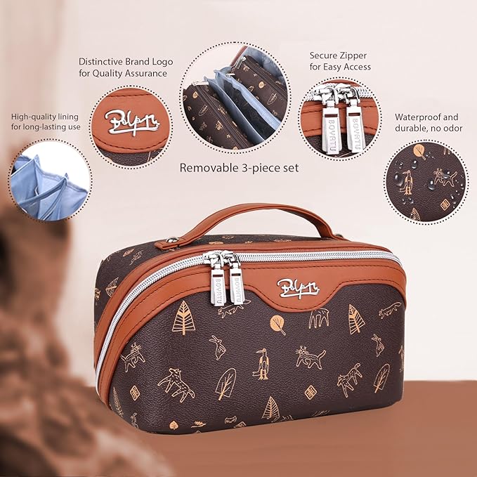 BOYATU Travel Makeup Bag Cosmetic Bags for Women: 3 Pcs Set Portable Make up Bag with Handle - Vegan Leather Toiletry Bags with Compartments - Makeup Organizer for Travel Essentials(04-Brown)