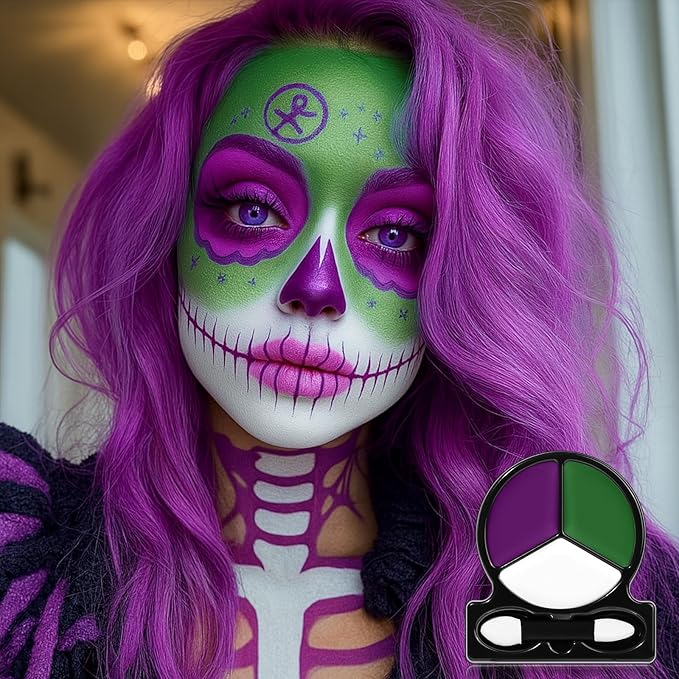 White Green Purple Face Body Paint with Applicator, Oil Based Face Painting Kit for Halloween Dark Fairy, Evil Queen Makeup, Facepaints for Witch Monster Costume, Cosplay, Dress Up