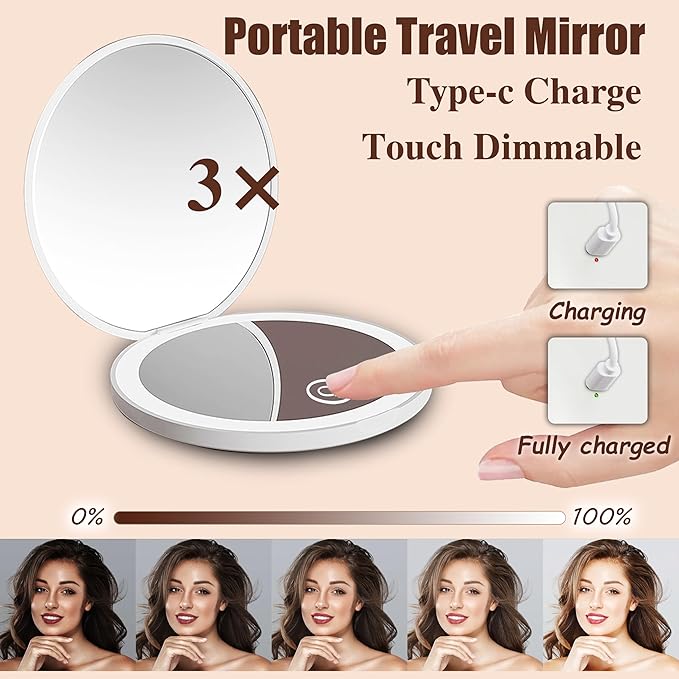 Jilier 14 pcs Mini Makeup Brushes and Pocket Mirror, Travel Makeup Brush Set, LED Compact Mirror with Light, Travel Size with Case, Portable for Handbag, Travel Essentials for Women