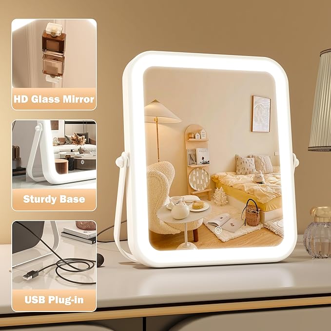 Home Mirror, 10x12 inches Lighted Vanity Makeup Mirror, Dimmable Touch Screen, Tabletop Mount, USB Plug-in, Adjustable, Portable
