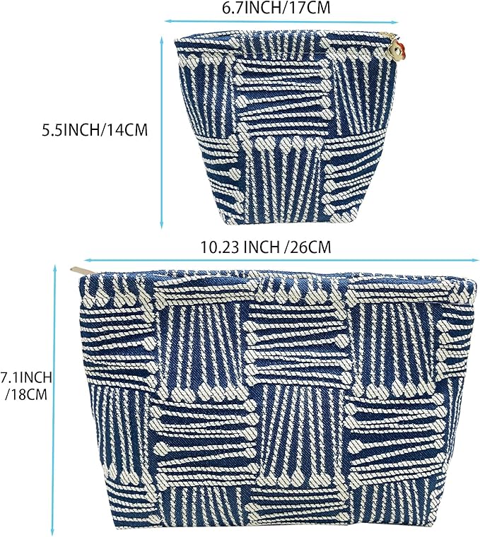 2 Pcs Makeup Bags, Large Cosmetic Bag Travel Toiletry Bag Organizer for Women, Embroidery Craft, Stripe Makeup Bag Small Cosmetic Pouch Purse with Zipper Gifts for Girls Teen