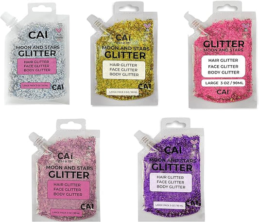 Face, Body & Hair Glitter Gel – Halloween Glitter for Kids and Women – 3 Oz Cosmetic-Grade Gel w/Moon & Stars for Festivals & Halloween Party, Easy Apply & Wash Off - Unicorn 5Pack