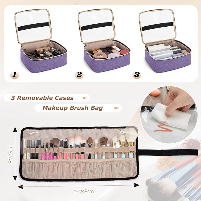 LUXJA Rolling Makeup Case with 3 Removable Pouches and 1 Makeup Brush Bag, Large Makeup Bag Cosmetic Bag with Detachable Dolly (Patented), Purple