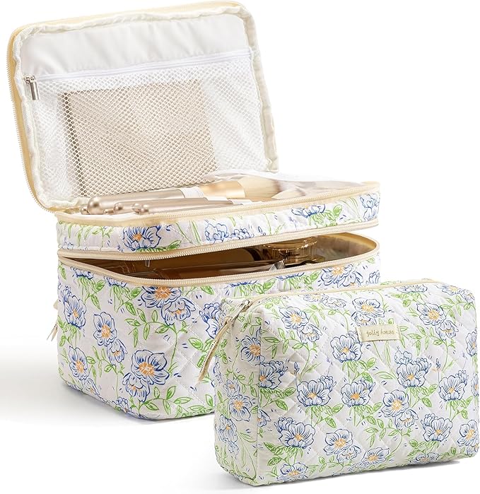 HBselect 2Pcs Travel Makeup Bag, Large Cotton Quilted Makeup Bag Cosmetic Bag Cute Make up Bag Toiletry Bags for Women Girls