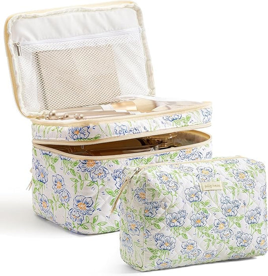 HBselect 2Pcs Travel Makeup Bag, Large Cotton Quilted Makeup Bag Cosmetic Bag Cute Make up Bag Toiletry Bags for Women Girls