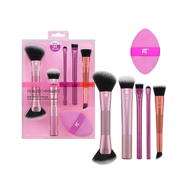 Real Techniques Big Blends Energy Brush + Dual-Sided Puff Kit, 6 Piece Face Makeup Brush & Puff Set for Foundation, Concealer, Powder & Blush, Travel Friendly, Cruelty-Free & Vegan