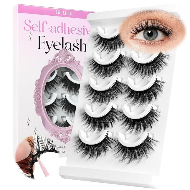 CALAILIS Self Adhesive Eyelashes 5 Pairs Natural Look Press On Lashes No Glue Need Eyelashes Reusable Wispy Self-adhesive False Lashes with Replacement Adhesive Strips (B814)