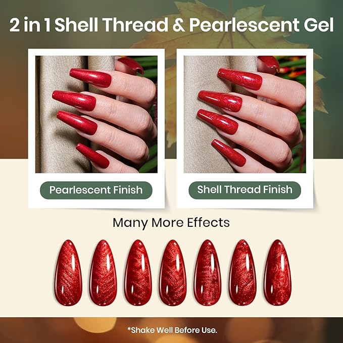 Beetles Cat Eye Gel Nail Polish Set, 6 Colors Red Burgundy Gel Olive Green Cat Eye and Pearl Nail Polish with Magnet Soak Off LED Nail Art Kit DIY Salon at Home Winter Gifts for Women