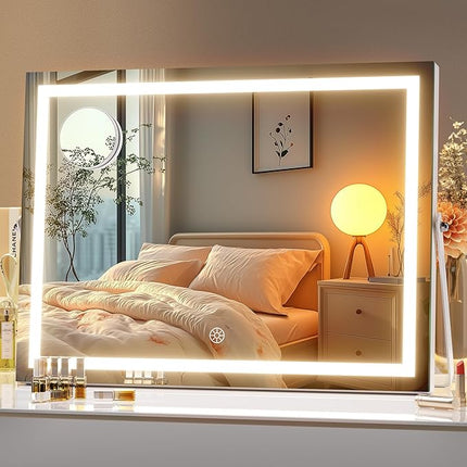 Hasipu Vanity Mirror with Lights, 16" x 12" LED Makeup Mirror with 10X Magnification, Smart Touch 3 Colors Dimmable, Adjustable Brightness, 360° Rotation, White