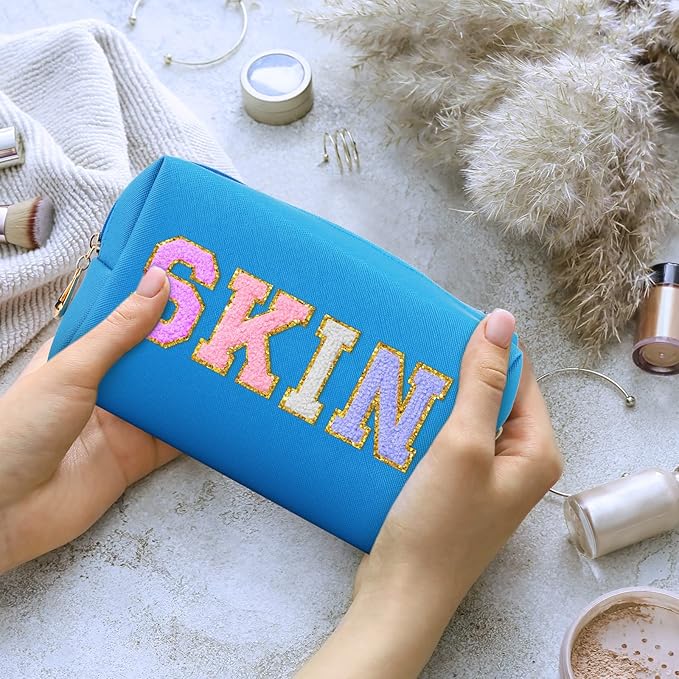 Sanwuta 9 Pcs Makeup Bags Bulk PU Double Zippers Cosmetic Bag Makeup Toiletry Pouch Portable Travel Organizers Case for Women Bachelorette Party End of The Year Bridesmaid Gift(Blue)