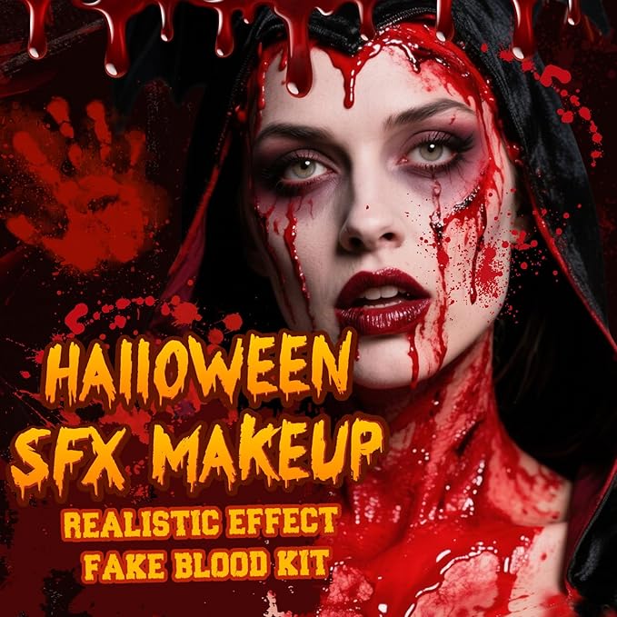 MEICOLY 5PCS Halloween Fake Blood Makeup Kit,Special Effects SFX Makeup for Zombie Vampire Monster Cosplay,2.1oz Fake Blood Spray+2.1oz Dripping Blood+Coagulated Blood+Cleansing Soap+Stipple Sponge
