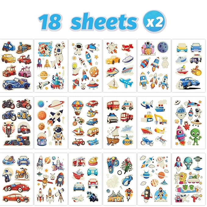 Temporary Tattoo for Kids, Space and Vehicle Glow In Dark Tattoos, 250+ Patterns Luminous Fake Tattoo Sticker，Planet Astronaut Spaceship Alien Plane Car 36 Sheets Long Lasting Tattoo for Party Supply