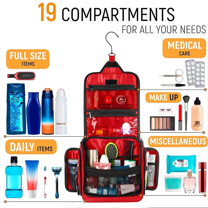 Travel Toiletry Bag for Men and Women - Large Hanging Toiletry Organizer - Waterproof Hygiene Bag with Metal XXL Swivel Hook, with Sturdy Zippers and 19 Compartments for Toiletries, Makeup, Cosmetics