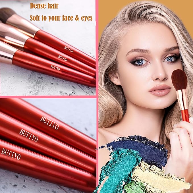 Makeup Brushes Set BUTIYO Synthetic Foundation Powder Concealers Eye shadows Blush Makeup Brushes with red 12 pcs (FB021)