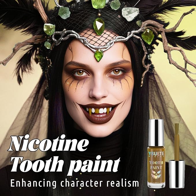 Nicotine Tooth Paint, Professional Nicotine Teeth Makeup SFX, Safe for Mouth, Quick Dry Realistic, Rotten Decayed Cruddy Missing Teeth Paint for Cosplay Halloween SFX Special Effects