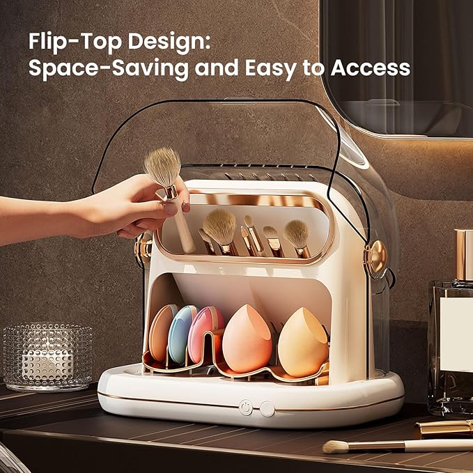 KAYUSO Electric Makeup Brush Dryer Machine, 3 in 1 Automatic Makeup Brush Dryer and Storage with Cover, Timed Cleaning Tool for Most Size Brushes and Sponges