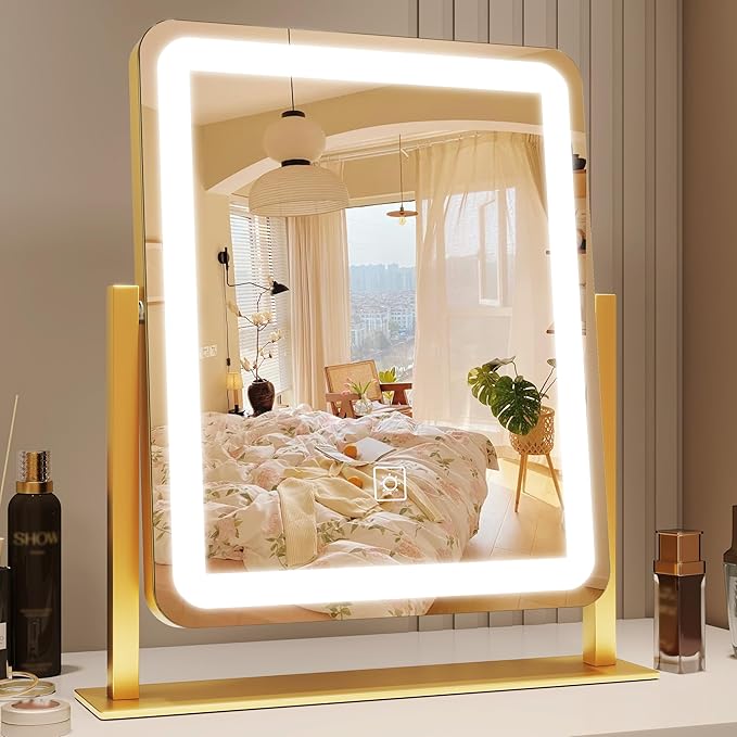 Gold Vanity Mirror with Lights, 15"x13" Lighted Makeup Mirror with Smart Touch, 3-Color Dimmable Lighting, 360° Rotation, Tabletop Mirror for Desk or Bedroom