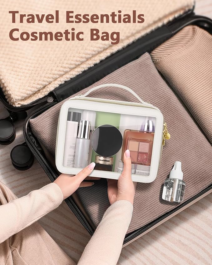 Clear Makeup Bag, Portable Travel Cosmetic Bags, Multipurpose Leather Toiletry Bag with Zipper, Waterproof Transparent Cosmetic Organizer for Women, Large, Beige