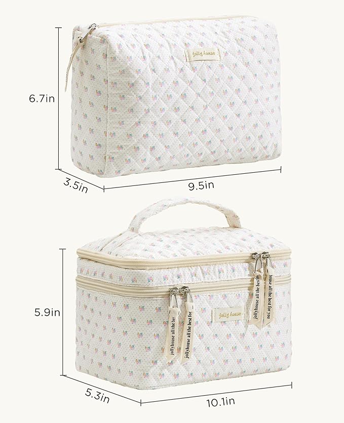 HBselect 2Pcs Travel Makeup Bag, Large Cotton Quilted Makeup Bag Cosmetic Bag Cute Make up Bag Toiletry Bags for Women Girls