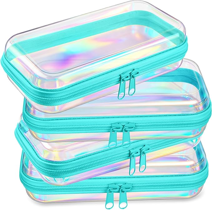 Hoolerry 4 Pcs Hard Clear Zipper Case Makeup Bags Plastic Pencil Pouch Transparent Storage Box Containers for Cosmetics, Snacks, Building Blocks, Puzzles(Blue Laser,7.5 x 3.9 x 2 in)
