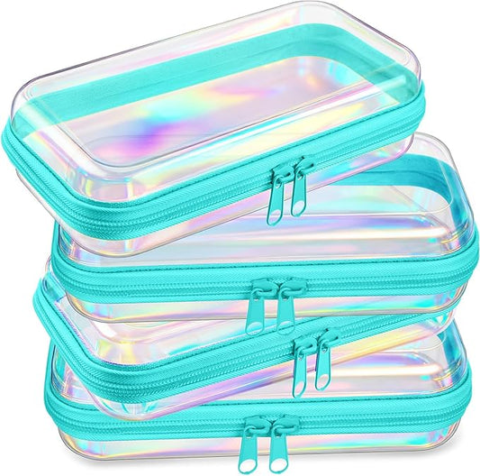 Hoolerry 4 Pcs Hard Clear Zipper Case Makeup Bags Plastic Pencil Pouch Transparent Storage Box Containers for Cosmetics, Snacks, Building Blocks, Puzzles(Blue Laser,7.5 x 3.9 x 2 in)