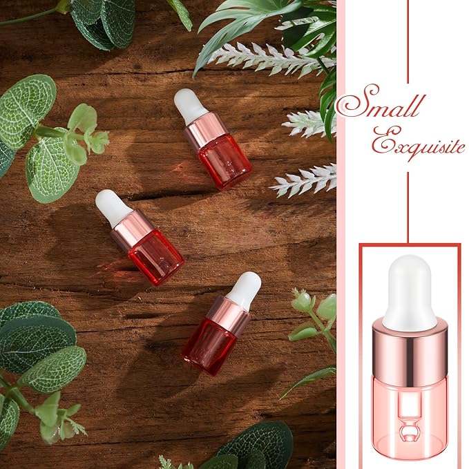 100 Pcs Mini Glass Oil Dropper Bottle Bulk, Clear Essential Small Empty Bottles Sample Containers Perfume Liquid Vials with Cap for Traveling (2 ml,Pink Body)