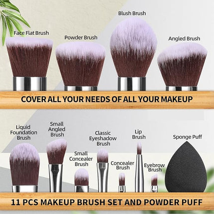 BS-MALL Makeup Brush Set 11Pcs Bamboo Synthetic Kabuki Brush Set Foundation Powder Blending Concealer Eye shadows Blush Cosmetics Brushes with Travel Organizer Bag & Makeup Sponge (Bamboo 11)