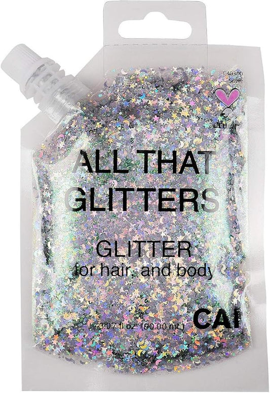 Face, Body & Hair Glitter Gel – Halloween Glitter for Kids and Women – 3 Oz Cosmetic-Grade Gel w/Moon & Stars for Festivals & Halloween Party, Easy Apply & Wash Off - Silver 1Pack