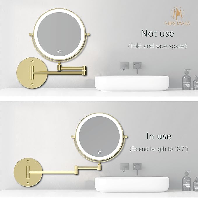 Rechargeable Wall Mounted Lighted Makeup Vanity Mirror 9 Inch Double Sided 1X 10X Magnifying Bathroom Mirror, 3 Color Lighting, Touch Screen Dimming, 360 Rotation Shaving Mirror Gold